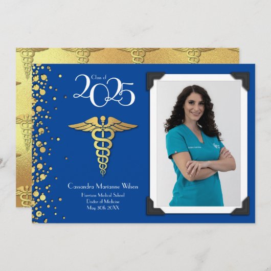 医師金ゴールド卒業発表ブルー 招待状 (正面/裏面)