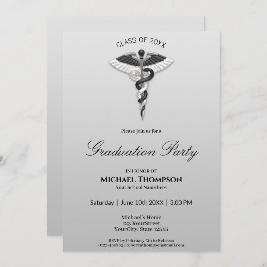 医用エレガント白黒分科卒業 招待状 (正面/裏面)