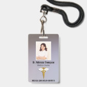 医用エレガント金ゴールドカドゥセウス白い翼の写真ID バッジ (正面（ネックストラップ付）)