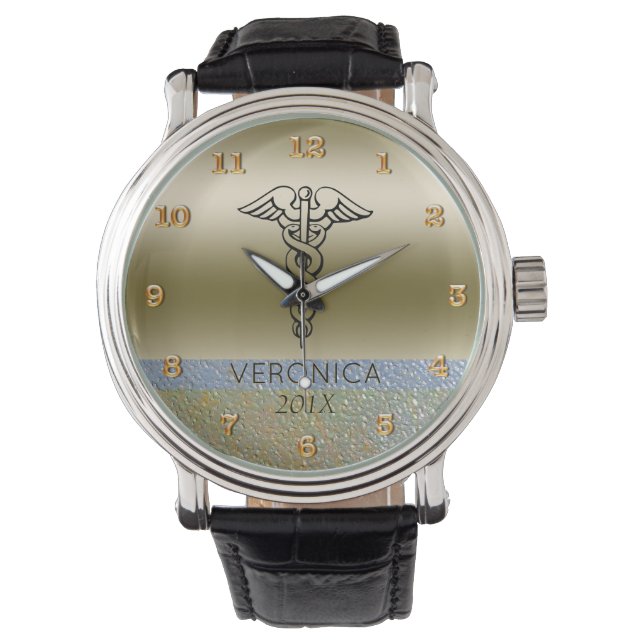 医用カドゥセウス記号 |ナース看護RN金ゴールド 腕時計 (正面)