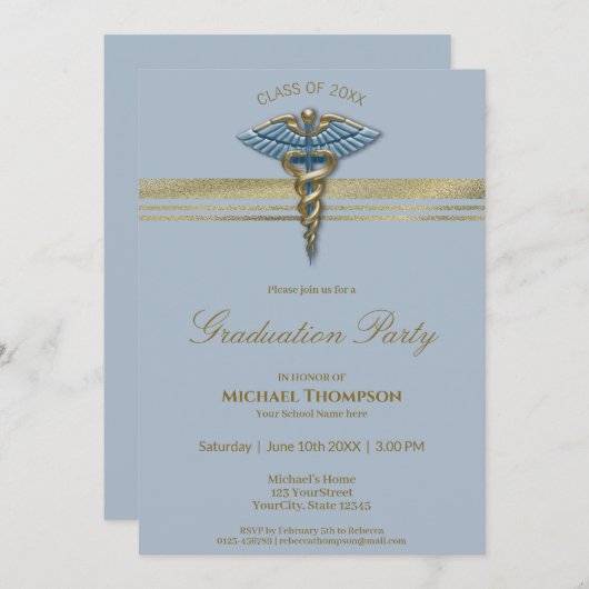 医用ブルーカドゥセウス金ゴールドストライプ卒業 招待状 (正面/裏面)