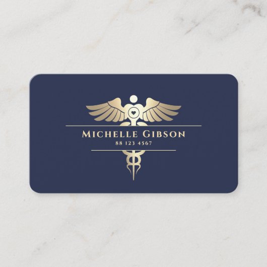 医用モダンナースモノグラムカドゥセウス海軍ブルー 名刺 (正面)