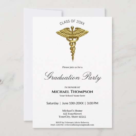 医用金ゴールドカドゥセスホワイト卒業招待状 招待状 (正面)