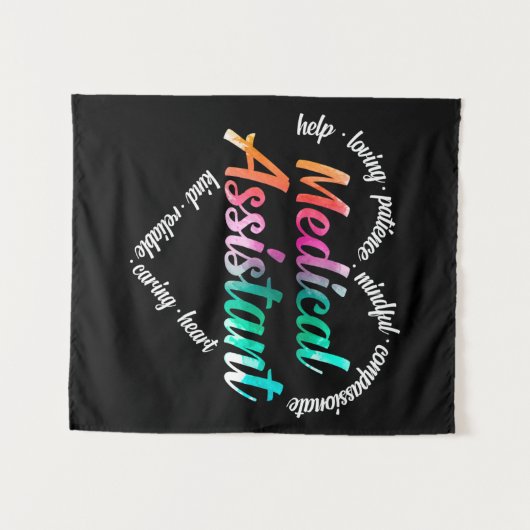 医療アシスタントハートワードクラウドウォーターの色 タペストリー (正面(横))