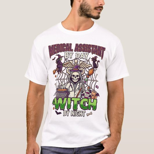 医療アシスタント魔女スケルトン注射器大鍋 Tシャツ (正面)