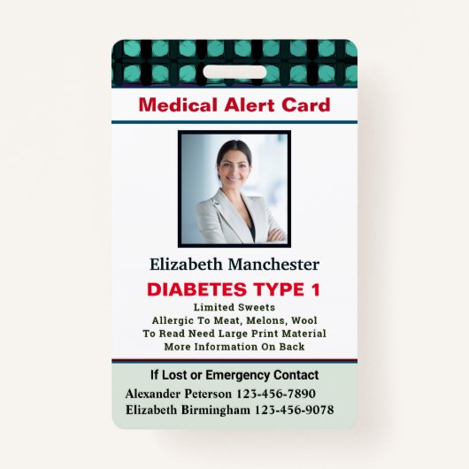 医療アラートIDカードの写真名カスタム バッジ (正面)