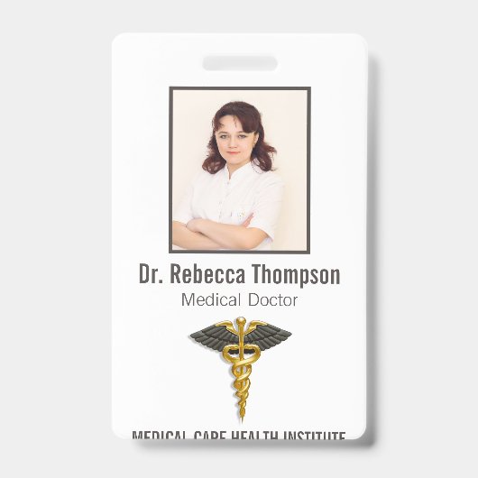 医療エレガント金ゴールドカドゥセウス黒羽フォトID バッジ (Front)