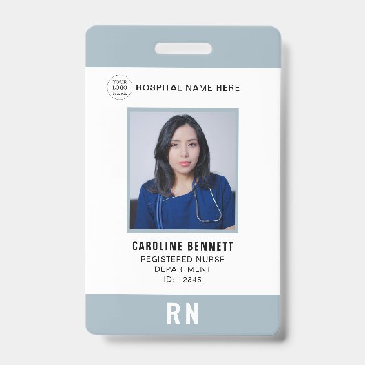 医療スタッフのナース写真ID | 病院のロゴグレー バッジ (正面)