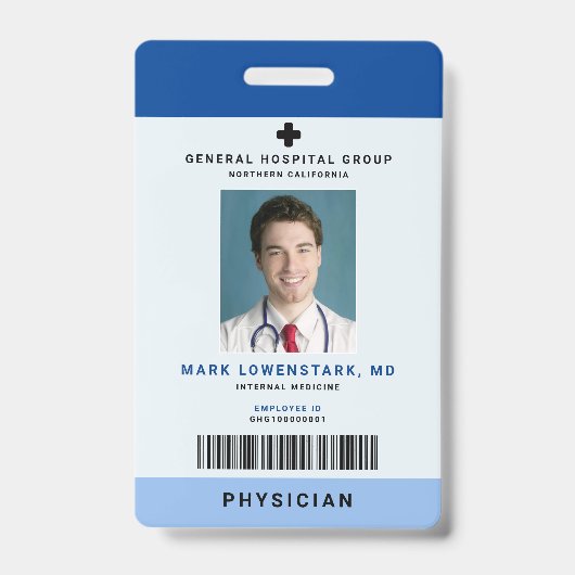 医療スタッフIDバッジ縦書き+バーコード-青 バッジ (正面)