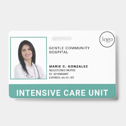 医療ティール（緑がかった色）グリーン病院のロゴ写真ID バッジ (Front)