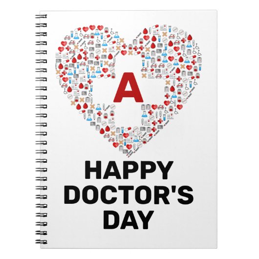 医療ハート・モノグラムで幸せな医師の日 ノートブック (正面)