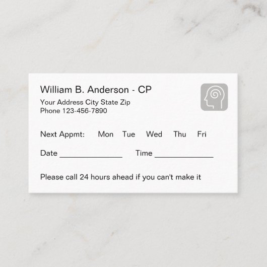 医療心理学者オフィスのアポイントメントアラーム 予約カード (正面)
