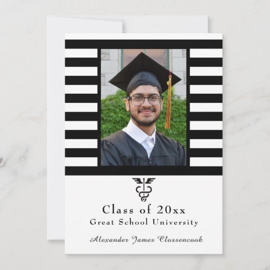 医療気に白黒ストライプ卒業 案内状 (正面)