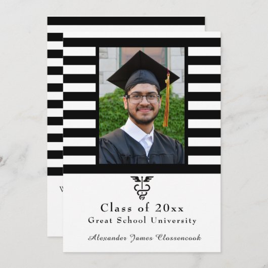 医療気に白黒ストライプ卒業 案内状 (正面/裏面)