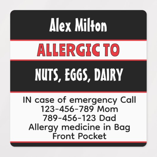 医療注意子アレルギー警告学校の保育園 ラベル (デザイン1)