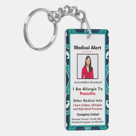 医療用アレルギー緊急警報ID連絡カスタム キーホルダー (正面左)