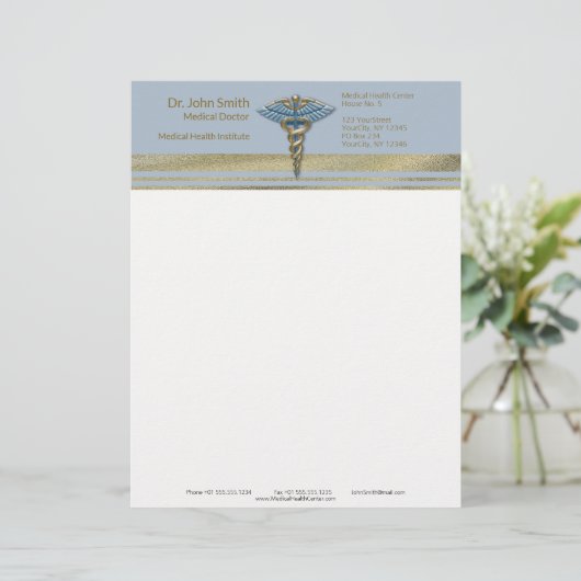 医療用カドゥセウス光ブルーフェイクゴールドフォイルストライプズ レターヘッド (スタンド正面)