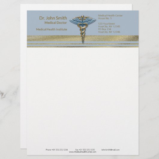 医療用カドゥセウス光ブルーフェイクゴールドフォイルストライプズ レターヘッド (正面/裏面)