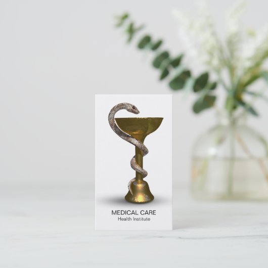 医療用スネークボウル衛生方青銅製ホワイトカドゥセウス 名刺 (スタンド正面)