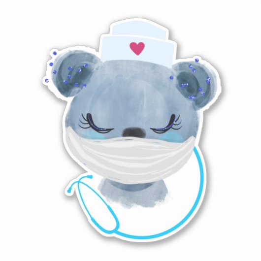 医療用マスクを着たかわいいクマナース|過去記事 シール (正面)