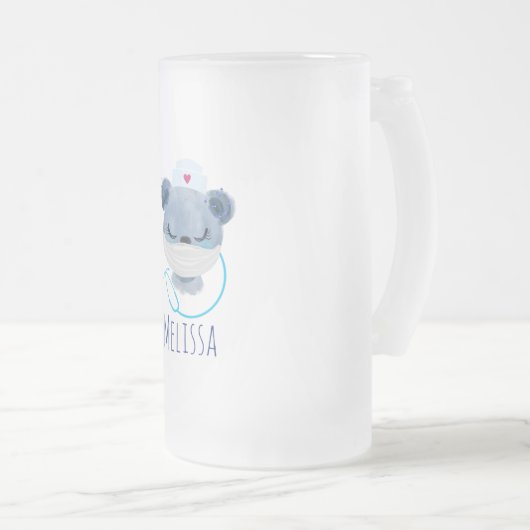 医療用マスクを着たかわいいクマナース|過去記事 フロストグラスビールジョッキ (正面右)