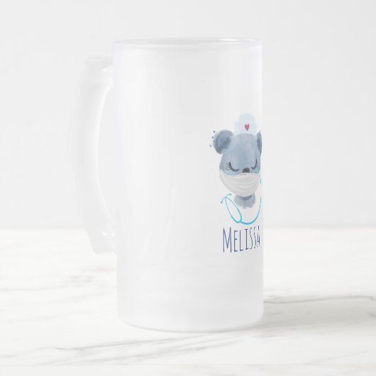 医療用マスクを着たかわいいクマナース|過去記事 フロストグラスビールジョッキ (正面左)