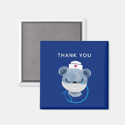 医療用マスクを着たかわいい熊のナースありがとう マグネット (正面/裏面)
