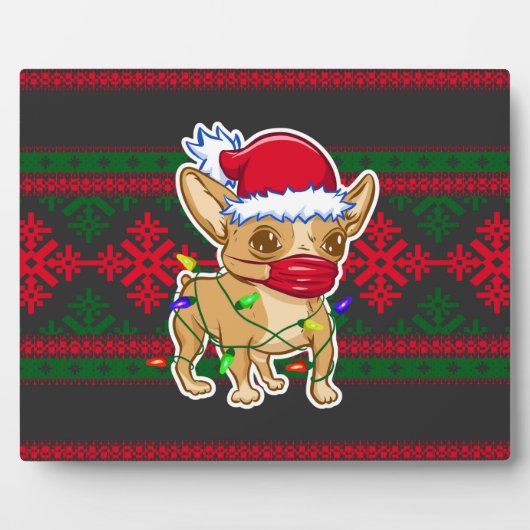 医療用マスクを着たクリスマス・チワワ フォトプラーク (正面)