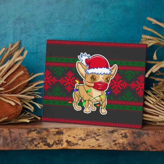 医療用マスクを着たクリスマス・チワワ フォトプラーク (側面)