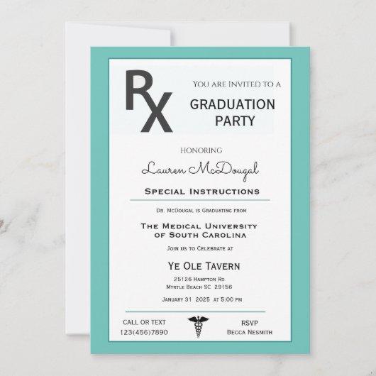 医療用処方箋パッドの卒業招待状 招待状 (正面)