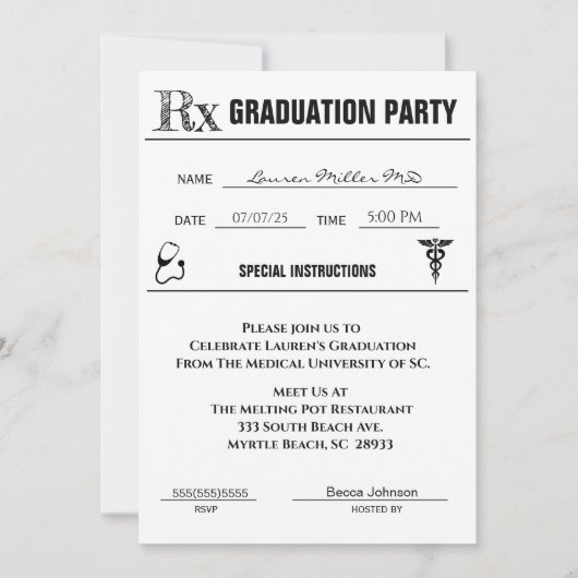 医療用処方箋パッドの卒業招待状 招待状 (正面)