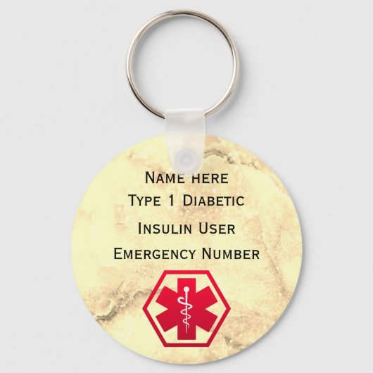 医療用糖尿病警告パーソナライズされたタイプ1または2 キーホルダー (正面)