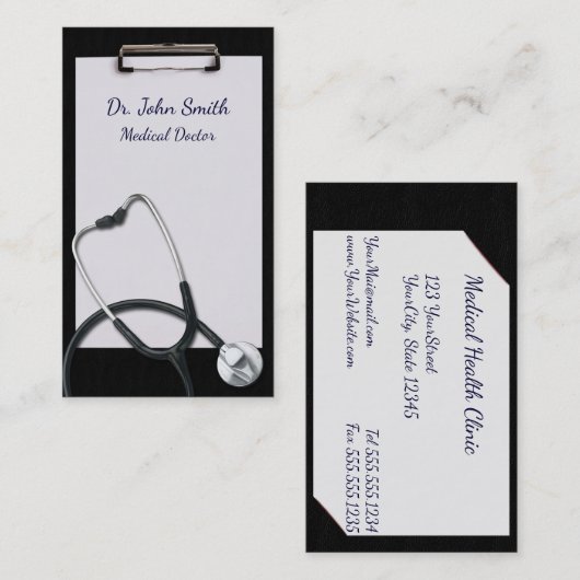 医療用聴診器を持つ黒いクリップボード 名刺 (正面/裏面)