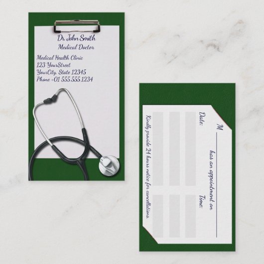 医療用聴診器付き緑のクリップボード 予約カード (正面/裏面)