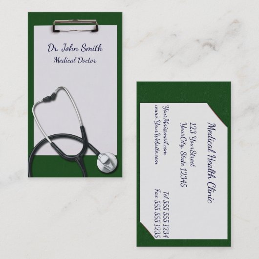 医療用聴診器付き緑のクリップボード 名刺 (正面/裏面)