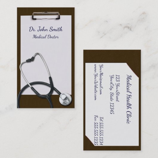 医療用聴診器付き茶色のクリップボード 名刺 (正面/裏面)