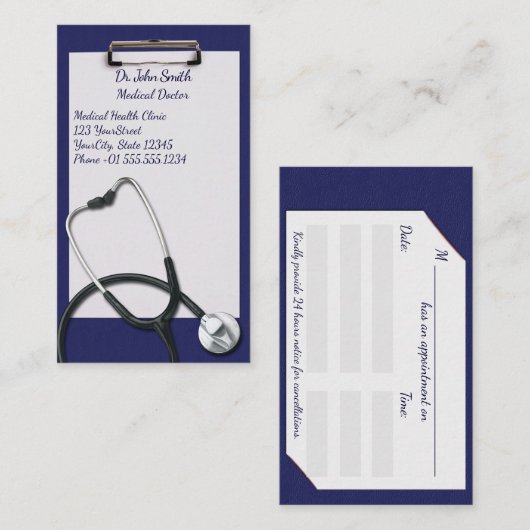 医療用聴診器付き青いクリップボード 予約カード (正面/裏面)