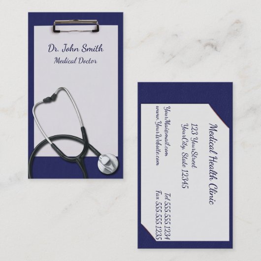 医療用聴診器付き青いクリップボード 名刺 (正面/裏面)