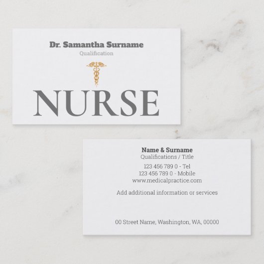 医療用金ゴールド灰色白ナース 名刺 (正面/裏面)