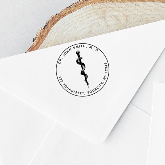 医療用3Dアスレピウス記号ラウンド差出人住所 ラバースタンプ