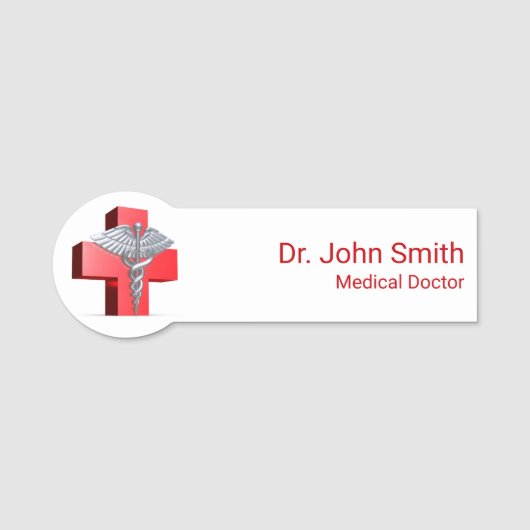 医療用3Dカドゥセウス十字赤シルバー 名札 (正面)