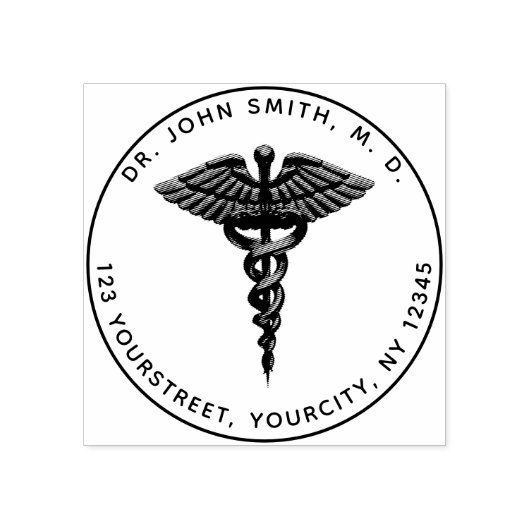 医療用3Dカドゥセウス記号ラウンド差出人住所 ラバースタンプ (インプリント)