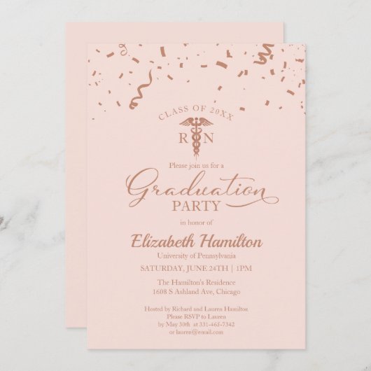 医療看護学校卒園パーティーバラ金ゴールド 招待状 (正面/裏面)