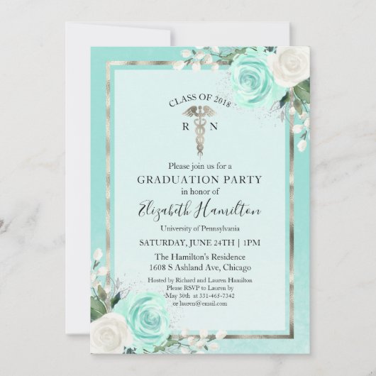 医療看護学校卒業会写真ティール(緑がかった色) 招待状 (正面)