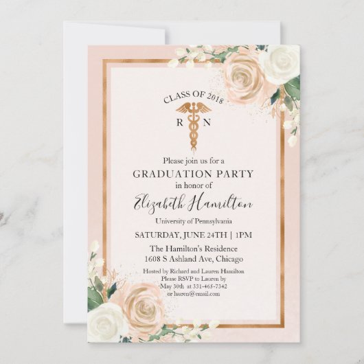 医療看護学校卒業党バラ金ゴールド 招待状 (正面)