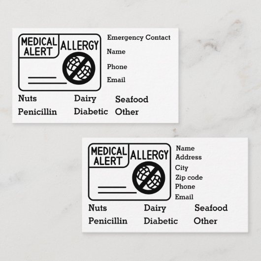 医療警告アレルギー緊急事態のパーソナライズ 名刺 (正面/裏面)