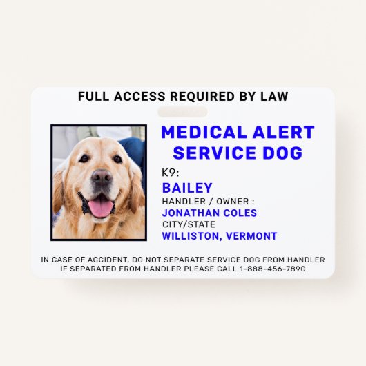医療警告サービス犬の写真IDバッジ バッジ (正面)