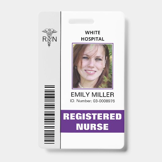 医療RN従業員カドゥセウス紫写真テンプレート バッジ (正面)