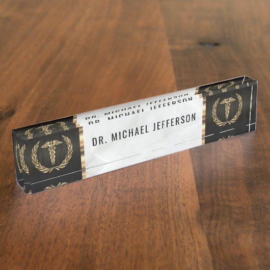 医者/スタッフの黒、白い大理石及び金ゴールド デスクネームプレート (側面)