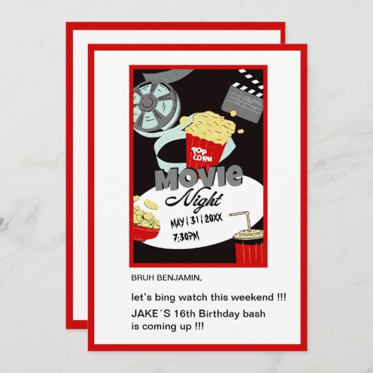 十代のブルービンゲ映画のおもしろい誕生日の夜 招待状 (正面/裏面)
